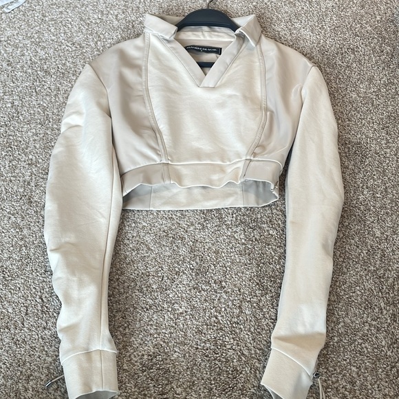 Two Tone Vegan Leather Cropped V- neck Polo Shirt - Picture 8 of 10